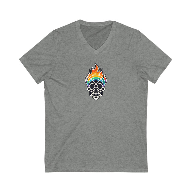 Flaming Rainbow Skull Shirt,Pride T-Shirt,Pride Parade T shirt, LGBTQ+ Tee,BGLT,LBGT,Radical Fairies,Queer Goth,V-Neck Tee
