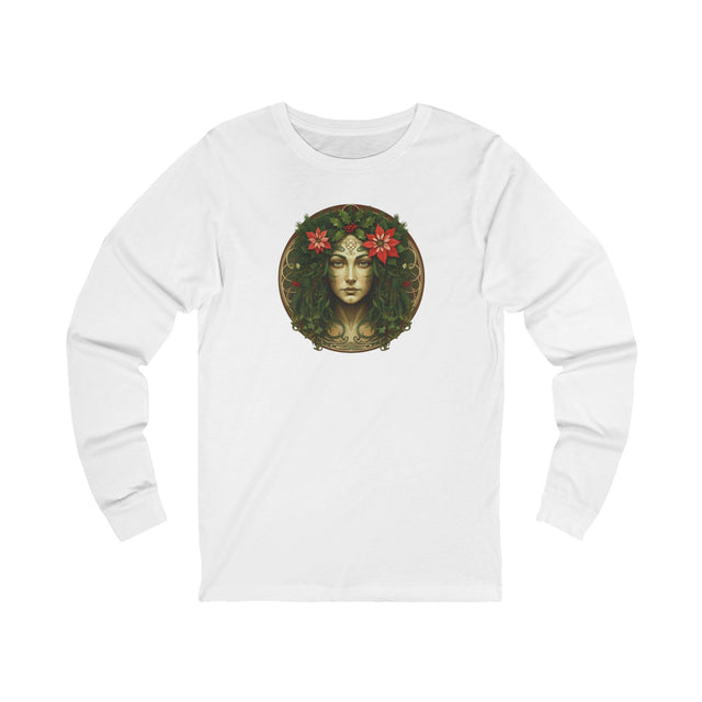Green Woman Circular Christmas Tee, Yuletide T-shirt, Long sleeve