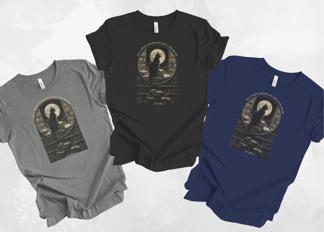 Cats & Books Shirt, Book Lover, Moon T-Shirt, Cat Lover T shirt, Gift for Her, Reader, Witchy Woman Top, Mom Gift, Librarian Tee, Bookworm