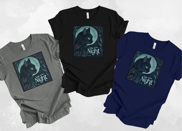 Lady of the Night, Witchy Black Cat, Cute Cat Shirt, Cat Lover Tee, Cat Owner gift, Cat Mom, Cat Dad, Mystical Moon, Midnight Cat, Familiar