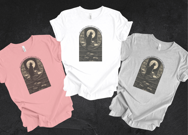 Cats & Books Shirt, Book Lover, Moon T-Shirt, Cat Lover T shirt, Gift for Her, Reader, Witchy Woman Top, Mom Gift, Librarian Tee, Bookworm