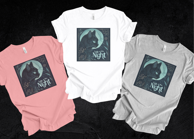 Lady of the Night, Witchy Black Cat, Cute Cat Shirt, Cat Lover Tee, Cat Owner gift, Cat Mom, Cat Dad, Mystical Moon, Midnight Cat, Familiar