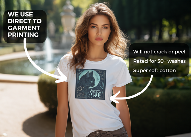 Lady of the Night, Witchy Black Cat, Cute Cat Shirt, Cat Lover Tee, Cat Owner gift, Cat Mom, Cat Dad, Mystical Moon, Midnight Cat, Familiar