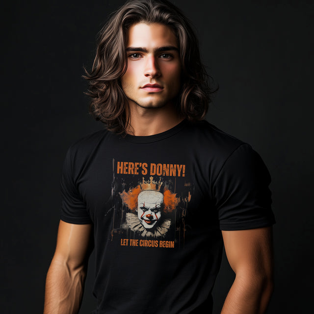 Here's Donny! Tee, Orange Clown Tshirt, Satire T-shirt