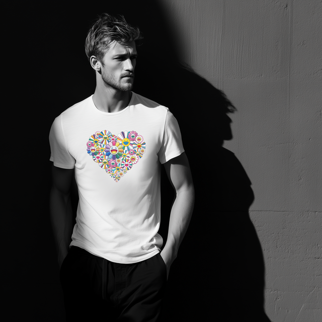Japanese Pop Art Happy Flowers, Rainbow Flowers, Happy Flower Heart T-Shirt – Pop Art Floral Tee