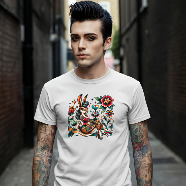 Rockabilly Rabbit Pinup T-shirt, Flash Tattoo Style Shirt