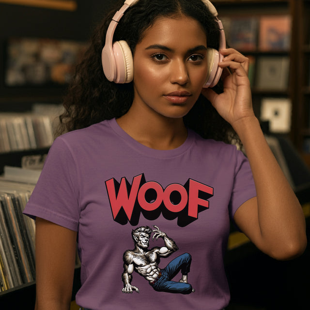 Werewolf Woof T-shirt, Halloween Shirt, Trick-or-Treat Tee, Wolfman, Lycanthrope, Male Pin-up, Queer, Monster Tee, WOOF, Horror,