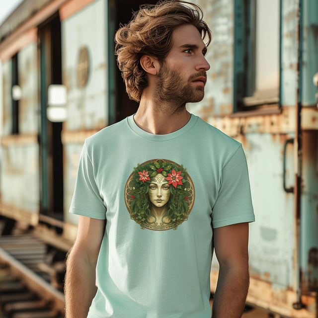 Celtic Christmas Green Woman Circle T-shirt, Yuletide Nature Shirt