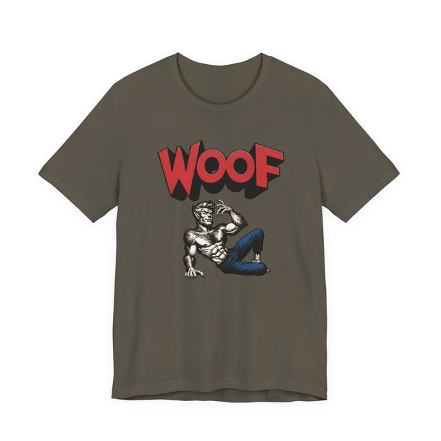 Werewolf Woof T-shirt, Halloween Shirt, Trick-or-Treat Tee, Wolfman, Lycanthrope, Male Pin-up, Queer, Monster Tee, WOOF, Horror,