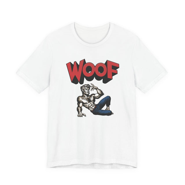 Werewolf Woof T-shirt, Halloween Shirt, Trick-or-Treat Tee, Wolfman, Lycanthrope, Male Pin-up, Queer, Monster Tee, WOOF, Horror,