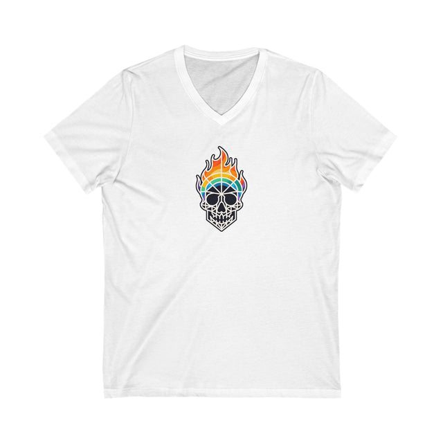Flaming Rainbow Skull Shirt,Pride T-Shirt,Pride Parade T shirt, LGBTQ+ Tee,BGLT,LBGT,Radical Fairies,Queer Goth,V-Neck Tee