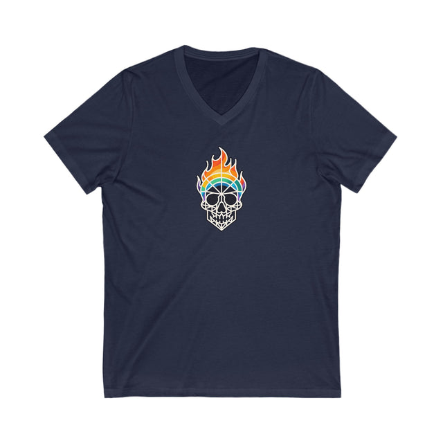 Flaming Rainbow Skull Shirt,Pride T-Shirt,Pride Parade T shirt, LGBTQ+ Tee,BGLT,LBGT,Radical Fairies,Queer Goth,V-Neck Tee