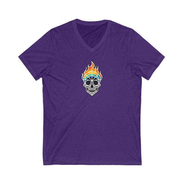 Flaming Rainbow Skull Shirt,Pride T-Shirt,Pride Parade T shirt, LGBTQ+ Tee,BGLT,LBGT,Radical Fairies,Queer Goth,V-Neck Tee