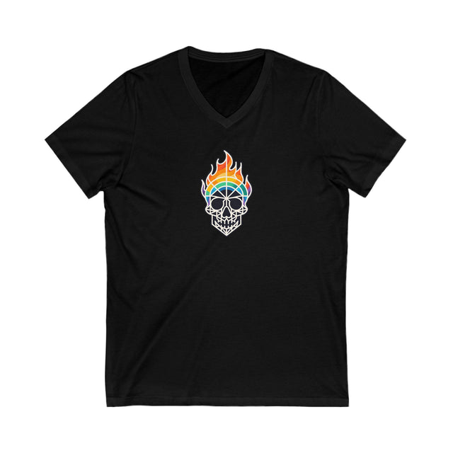 Flaming Rainbow Skull Shirt,Pride T-Shirt,Pride Parade T shirt, LGBTQ+ Tee,BGLT,LBGT,Radical Fairies,Queer Goth,V-Neck Tee