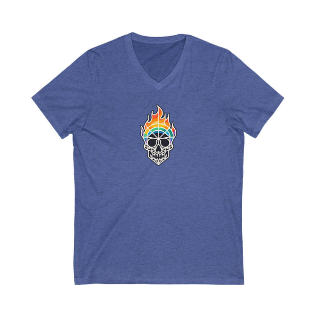 Flaming Rainbow Skull Shirt,Pride T-Shirt,Pride Parade T shirt, LGBTQ+ Tee,BGLT,LBGT,Radical Fairies,Queer Goth,V-Neck Tee