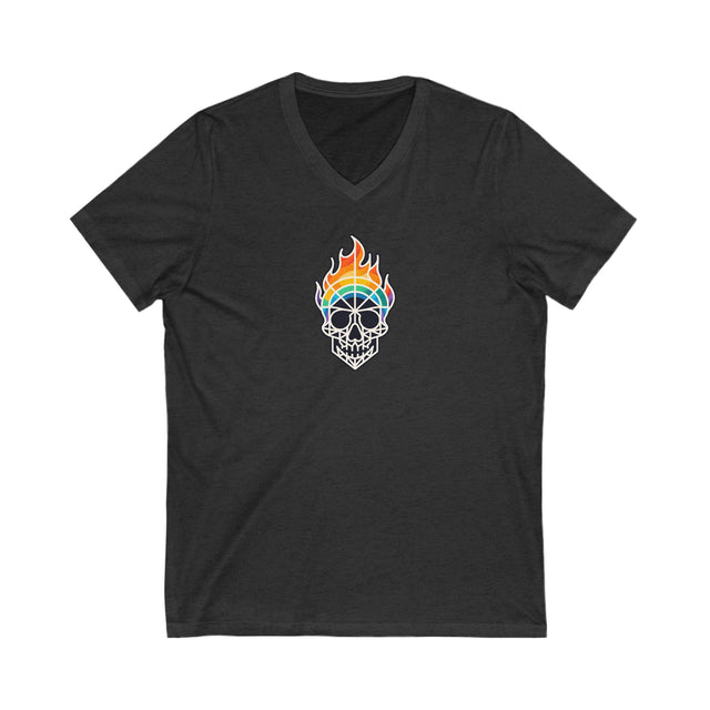 Flaming Rainbow Skull Shirt,Pride T-Shirt,Pride Parade T shirt, LGBTQ+ Tee,BGLT,LBGT,Radical Fairies,Queer Goth,V-Neck Tee