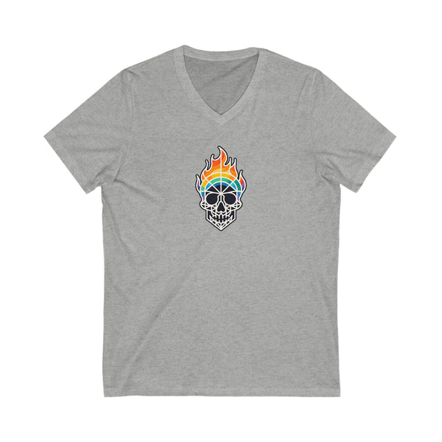 Flaming Rainbow Skull Shirt,Pride T-Shirt,Pride Parade T shirt, LGBTQ+ Tee,BGLT,LBGT,Radical Fairies,Queer Goth,V-Neck Tee