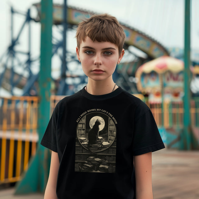 Cats & Books Shirt, Book Lover, Moon T-Shirt, Cat Lover T shirt, Gift for Her, Reader, Witchy Woman Top, Mom Gift, Librarian Tee, Bookworm