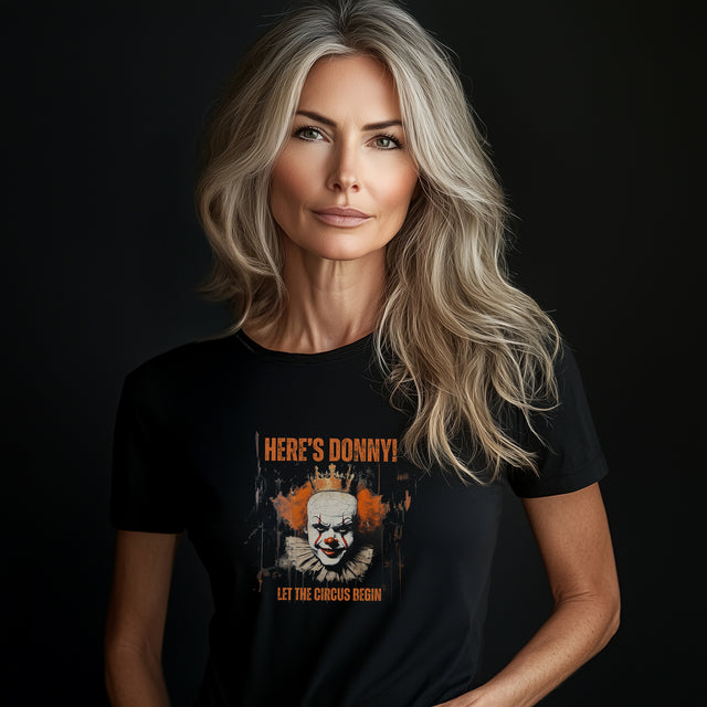Here's Donny! Tee, Orange Clown Tshirt, Satire T-shirt