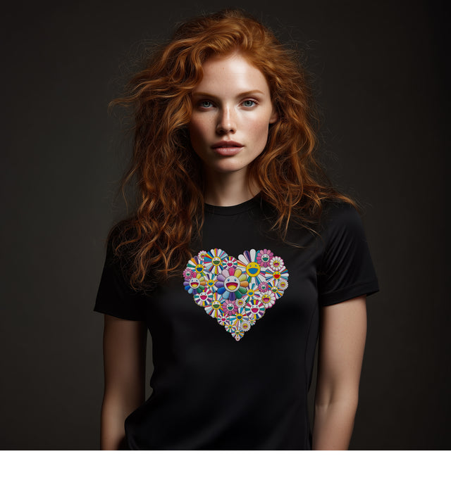 Japanese Pop Art Happy Flowers, Rainbow Flowers, Happy Flower Heart T-Shirt – Pop Art Floral Tee