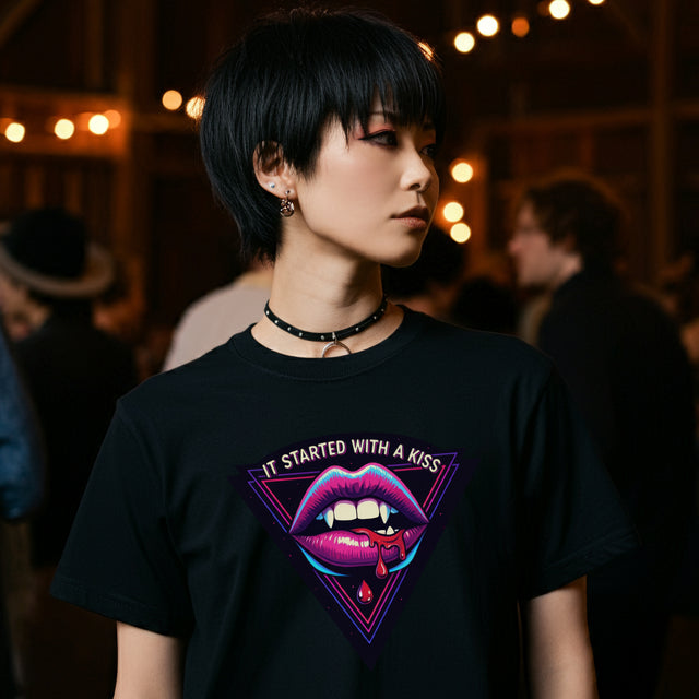 It Started With A Kiss Vampire T-shirt, Halloween Tee, Neon Goth