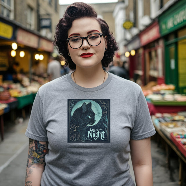 Lady of the Night, Witchy Black Cat, Cute Cat Shirt, Cat Lover Tee, Cat Owner gift, Cat Mom, Cat Dad, Mystical Moon, Midnight Cat, Familiar
