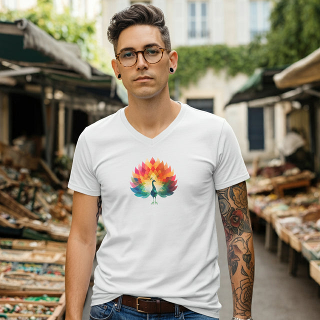 Rainbow Peacock V-neck T-shirt,Pride Shirt, Pride Parade Top, Rainbow Animals,LGBTQ+ Tee,V-Neck Tee