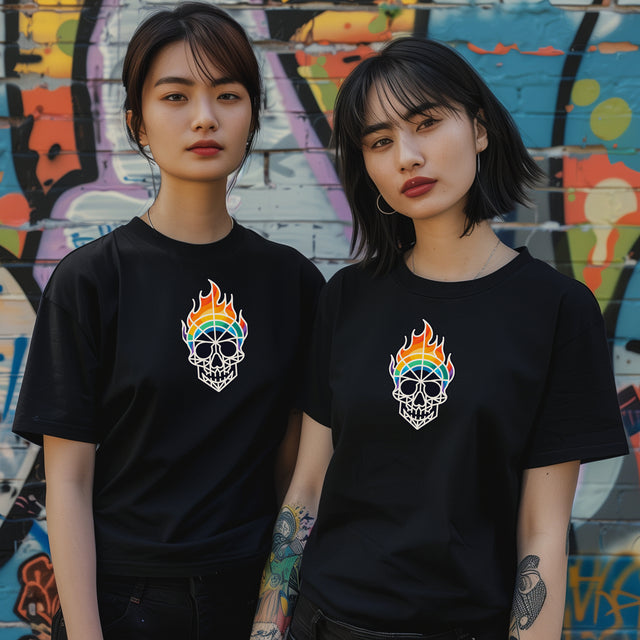 Flaming Rainbow Skull Shirt,Pride T-Shirt,Pride Parade T shirt, LGBTQ+ Tee,Nonbinary,Gay,Lesbian,Bisexual,Trans,BGLT,LBGT,Radical Fairies,Queer Goth