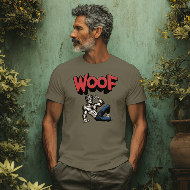 Werewolf Woof T-shirt, Halloween Shirt, Trick-or-Treat Tee, Wolfman, Lycanthrope, Male Pin-up, Queer, Monster Tee, WOOF, Horror,