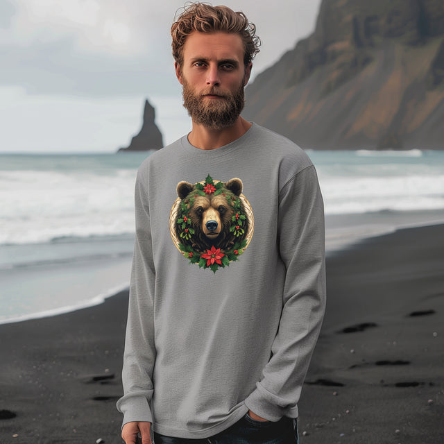 Green Man Christmas Brown Bear Tee, Winter T-shirt, Long sleeve