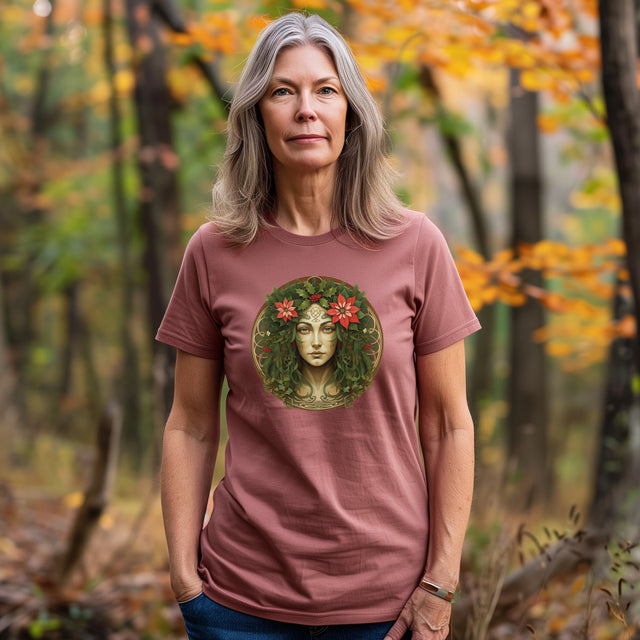 Celtic Christmas Green Woman Circle T-shirt, Yuletide Nature Shirt