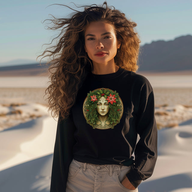 Green Woman Circular Christmas Tee, Yuletide T-shirt, Long sleeve
