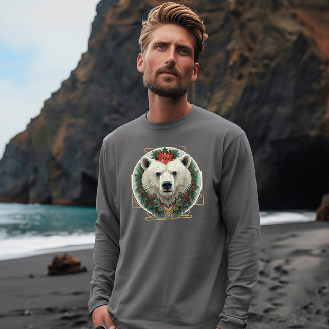 Green Man Christmas Polar Bear Tee, Yuletide Bear T-shirt, Long sleeve
